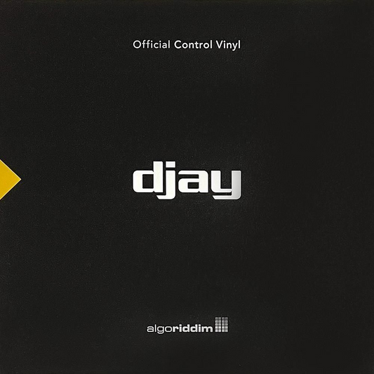 Black 7-inch djay Official Control Vinyl by Algoriddim and STOKYO, featuring a sleek black sleeve with 'djay' branding