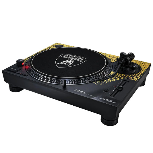 Angled view of the SL-1200M7B turntable showcasing Lamborghini-inspired design and details.
