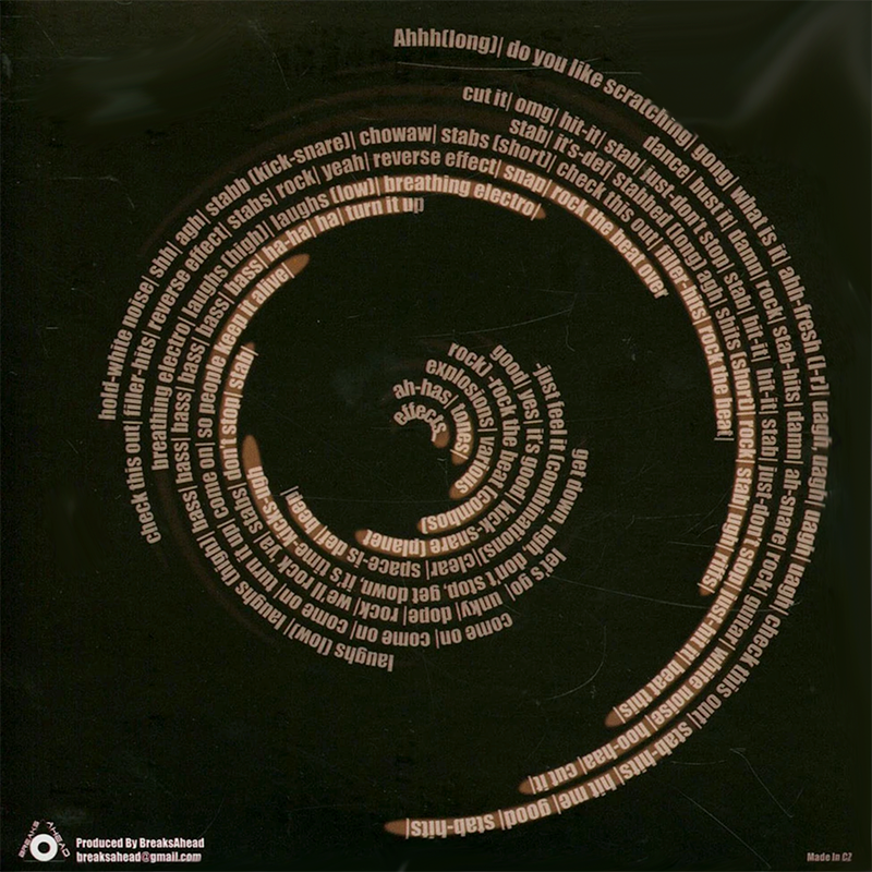 Close-up of the spiral format and scratch sentences on Hand Technics vinyl.