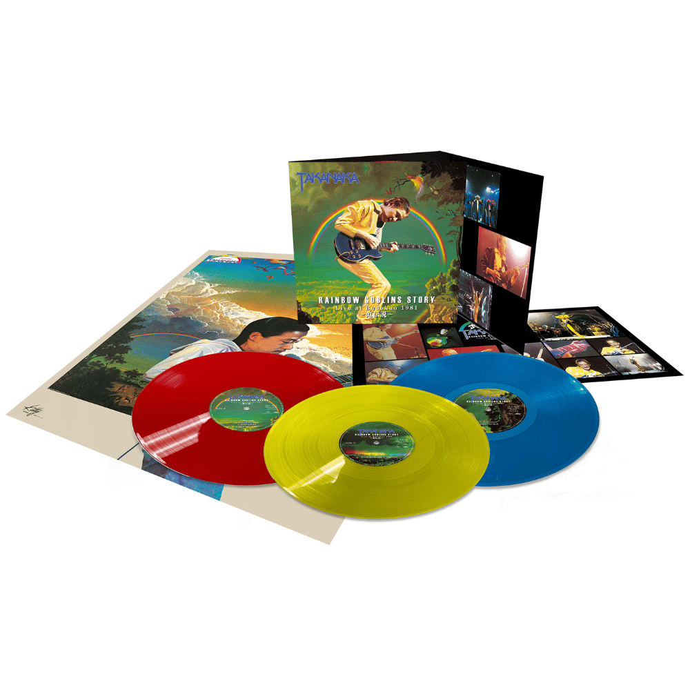 Full set of Masayoshi Takanaka Rainbow Goblins Story Live at Budokan 1981 3LP clear lime yellow, red and blue vinyl, UPJY-9567/9
