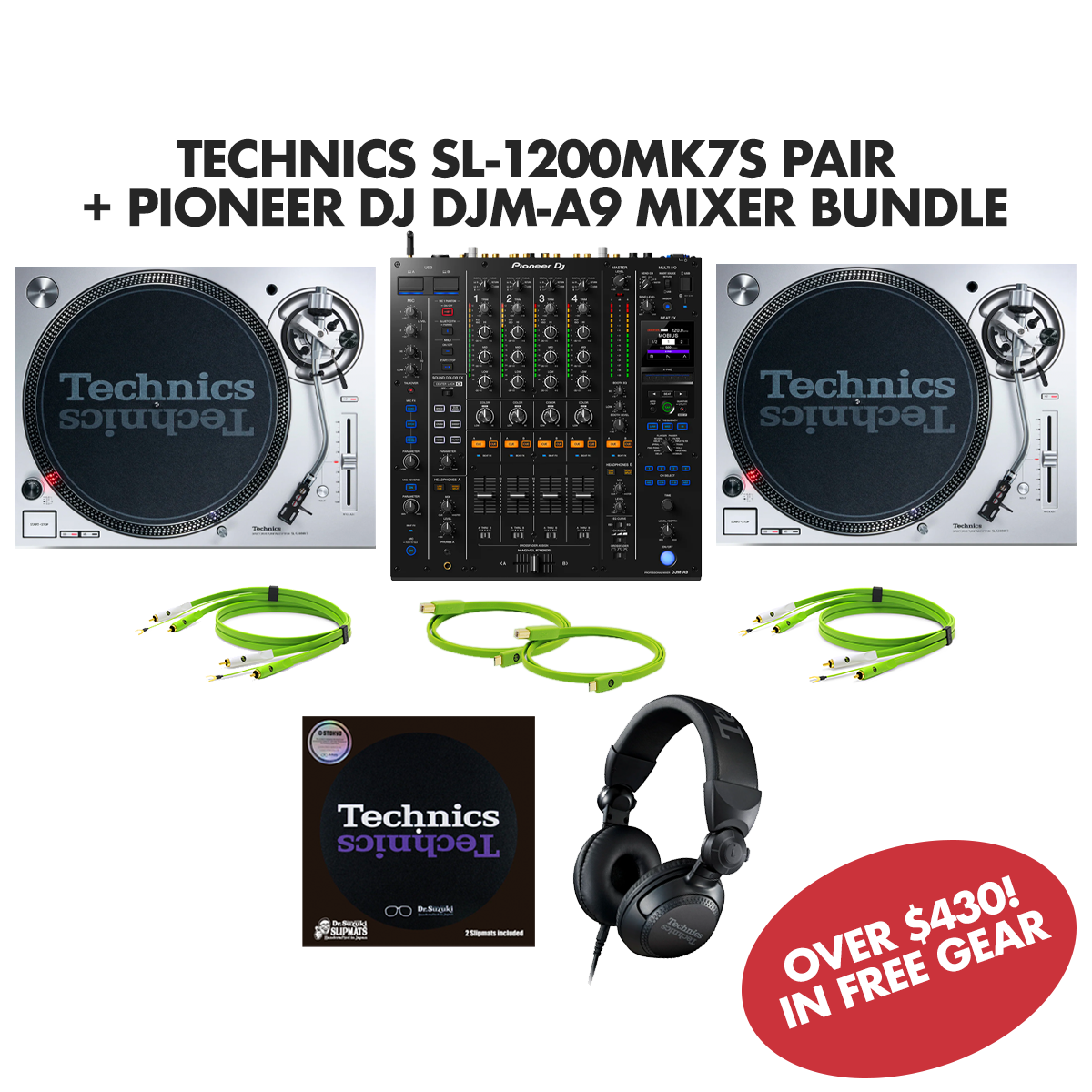 Technics SL-1200MK7S (Silver) + Pioneer DJ DJM-A9 Bundle with FREE Technics Headphones Cables + Slipmats