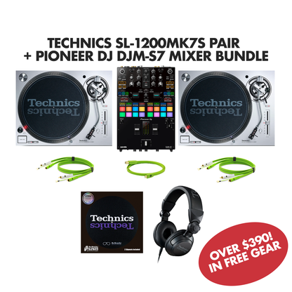Technics SL-1200MK7S (Silver) + Pioneer DJ DJM-S7 Bundle with FREE Technics Headphones Cables + Slipmats