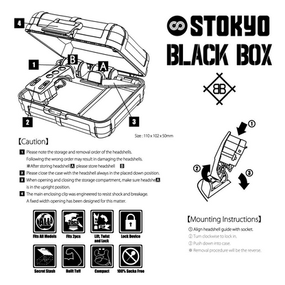 STOKYO BLACK BOX 'Clear Edition' instructions in English, detailing cartridge compatibility and features.